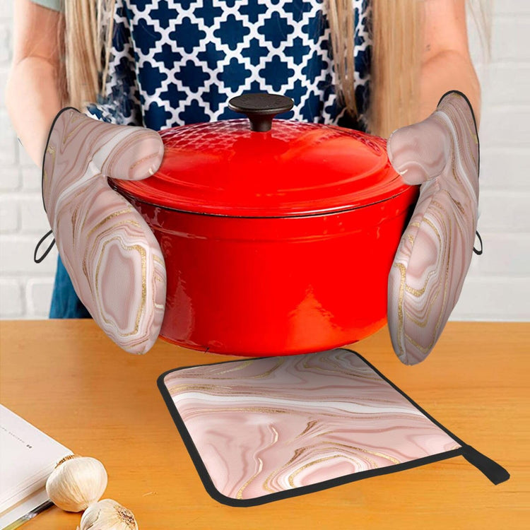 Pink Golden Marble Oven Mitts and Pot Holders Sets of 3 (3 Count)