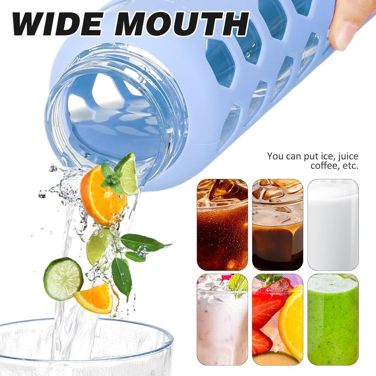 MUKOKO Glass Water Bottles,24oz Glass Tumbler with Straw,Drinking Bottles with 2 Lids-Handle Spout Lid&Bamboo Straw Lid,Motivational Water Bottle with Time Marker and Silicone Sleeve,1 Pack-Glacier