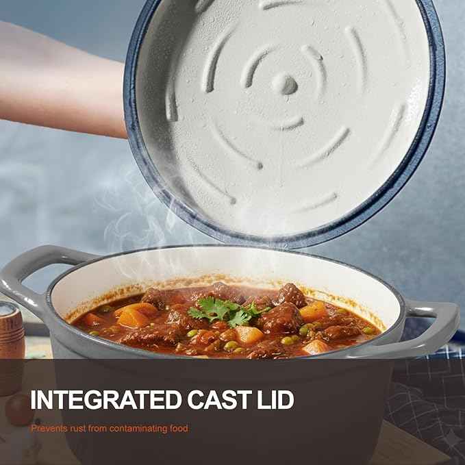 Overmont Refined Enameled Cast Iron Dutch Oven - 5.5QT Pot with Wide Handles Lid Cookbook & Cotton Potholders - Heavy-Duty Pre-Seasoned Cookware Oven Safe to 500ยฐF for Braising, Stews, Roasting, Bread Baking