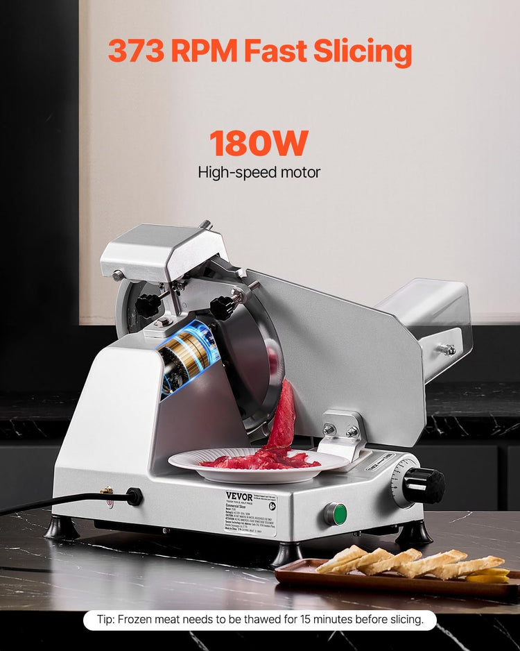 VEVOR Commercial Meat Slicer, 10 inch Electric Deli Food Slicer, 180W Meat Cutter with a Premium 65Mn Blade, 0-0.4 inch Adjustable Thickness, Food Slicer Machine for Meat Vegetables Hard Bread Cheese