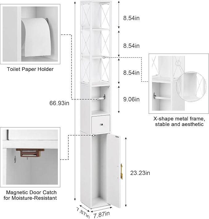 VECELO Storage Cabinet, 67" Tall Narrow Bathroom Cabinet with X-Frame Metal Design, Toilet Paper Holder, Magnetic Door & Drawer, for Small Spaces, Pearl White