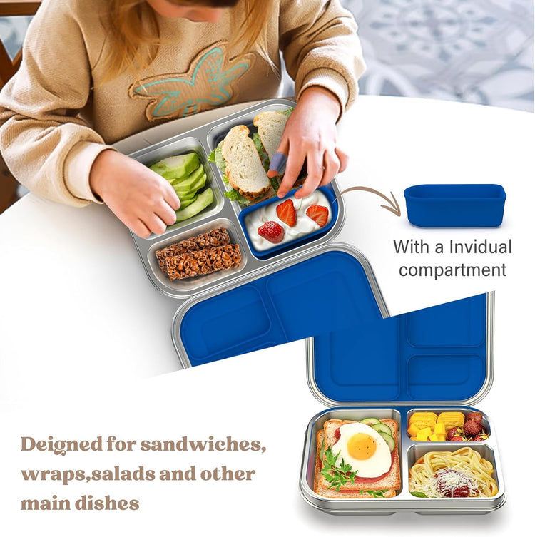 Stainless Steel Bento Box Kids, 3 Compartments Leak Proof Metal Bento Lunch Box, 304 Stainless Steel Bento Lunch Containers for School and Office,Dishwasher Safe, BPA-Free-Blue