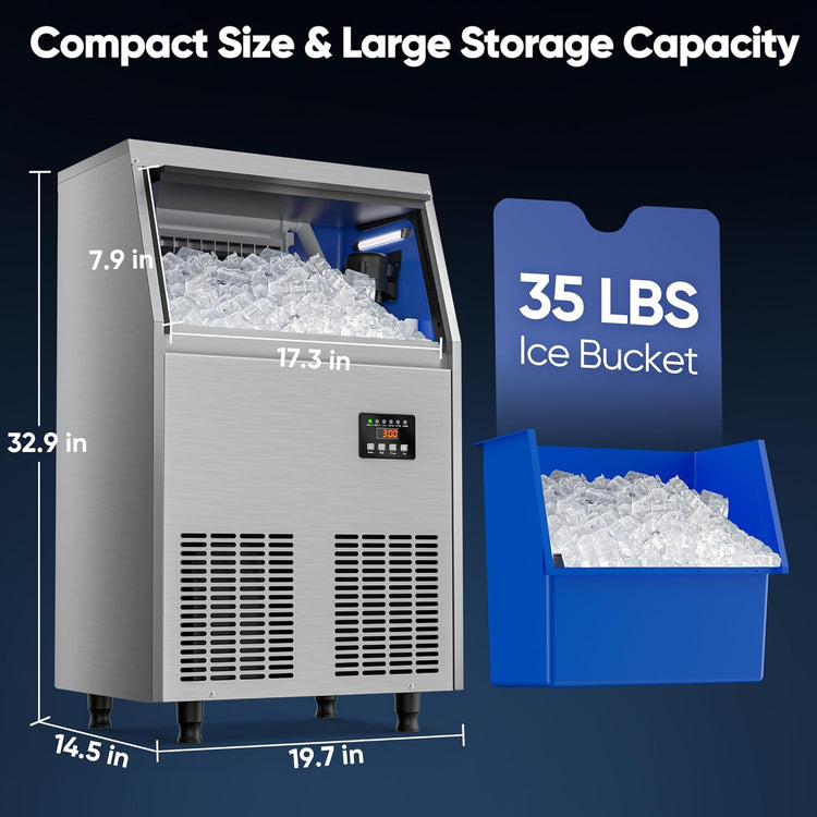 Commercial Ice Maker Machine, 150LBS/24H Ice Maker Machine with 35LBS Ice Storage Capacity, Freestanding Under Counter Ice Machine for Home Bar Office Restaurant