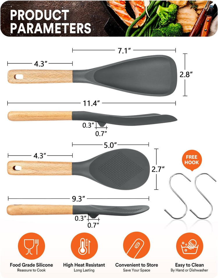 Cooking Spoon and Rice Scooper for Nonstick Cookwares, Great for Cooking and Serving Sturdy BPA-Free Matte Silicone, Wood Handle Spoon for Mixing, Scoop, and Scrape (GREY) - Nestoria
