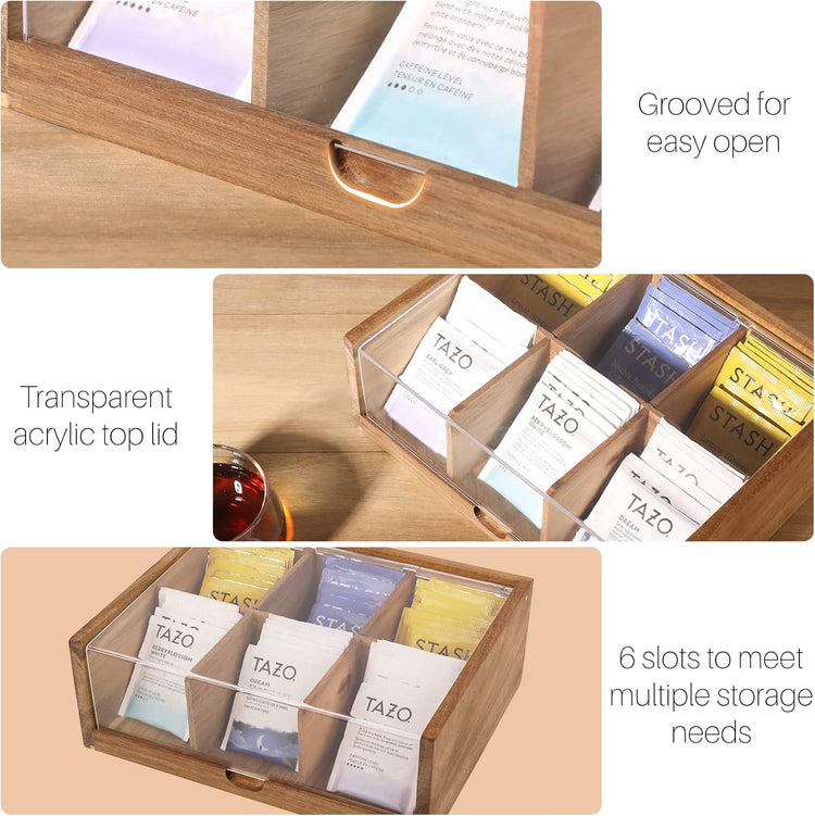 Tea Bag Organizer 6 Compartments by HTB| Gift Box Acacia Wood Tea Organizer for Tea Bags with Acrylic Transparent Hinged Lid
