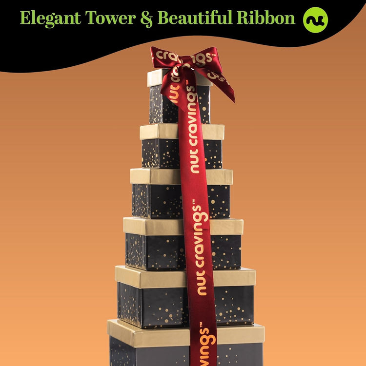 NUT CRAVINGS - Mixed Nuts Gift Basket Black Tower + Heart Ribbon (12 Assortments) Food Arrangement, Healthy Snack Care Package, Food Assortments