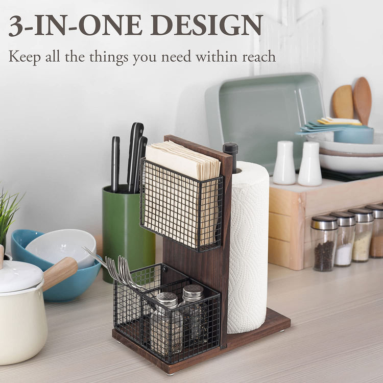 3-in-1 Kitchen Organizer with Paper Towel Holder, Napkin Holder & Spice Rack - Rustic Wood & Industrial Metal Pipe Caddy for Farmhouse Dining Table