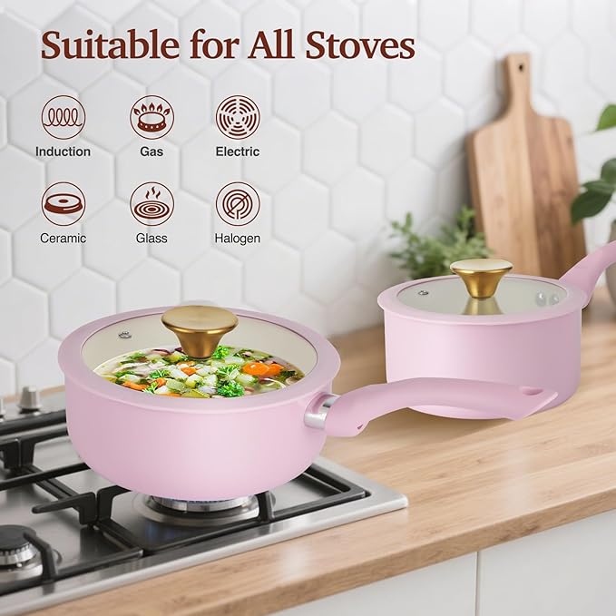M MELENTA Pots and Pans Set Non Stick, Pink Ceramic Cookware Set, 11-Piece Induction Cookware, Non Toxic Healthy Kitchen Cooking Set, Gold Knobs Lids, Stay-Cool Handles