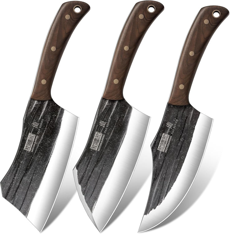 HOSHANHO Butcher Knife Set, 3-Piece High Carbon Steel Serbian Chef Knife Set of Heavy Duty Boning Knife & Meat Cleaver Knives & Viking Knives for Home, Cooking, Outdoor Camping BBQ