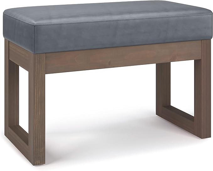 SIMPLIHOME Milltown Small Ottoman Bench - 27 inch Wide Upholstered Vegan Leather Rectangle Footstool Ottoman in Stone Grey, Contemporary Bench for Bedroom or Entryway with Cushioned Seat, Assembled