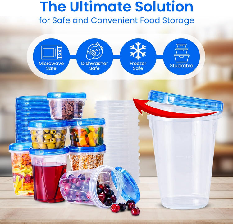 RFAQK 48 pcs Freezer Storage Containers with Lids-(32 & 16OZ) 24 Food Storage Containers with 24 Twist Top-Deli Container for Soup-Reusable Plastic Box for Lunch, Gym, Travel