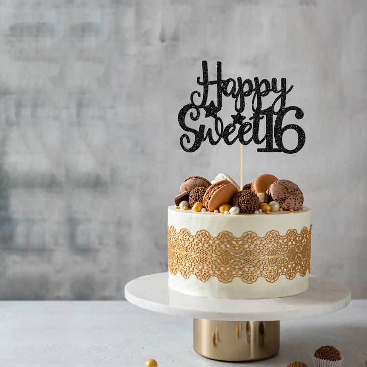 1Pc Happy Sweet 16 Cake Topper Glitter 16th Birthday Cake Pick for Cheers to 16 Years Old 16th Birthday Party Cake Decorations Supplies Black