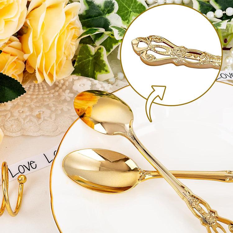 30PCS Gold Plastic Spoons - Gold Soup Spoons Disposable - 8.1 Inch Heavy Duty Plastic Silverware - Heavyweight Elegant Disposable Utensils for Catering, Parties, Dinners, Weddings