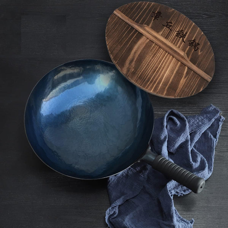 shuoguoleilei Chinese Hand Hammered Iron Woks Set, Non-Stick No Coating Preseasoned Wok Blue Round Bottom Wok Pan for Electric, Induction and Gas Stoves (Blue Black-12)