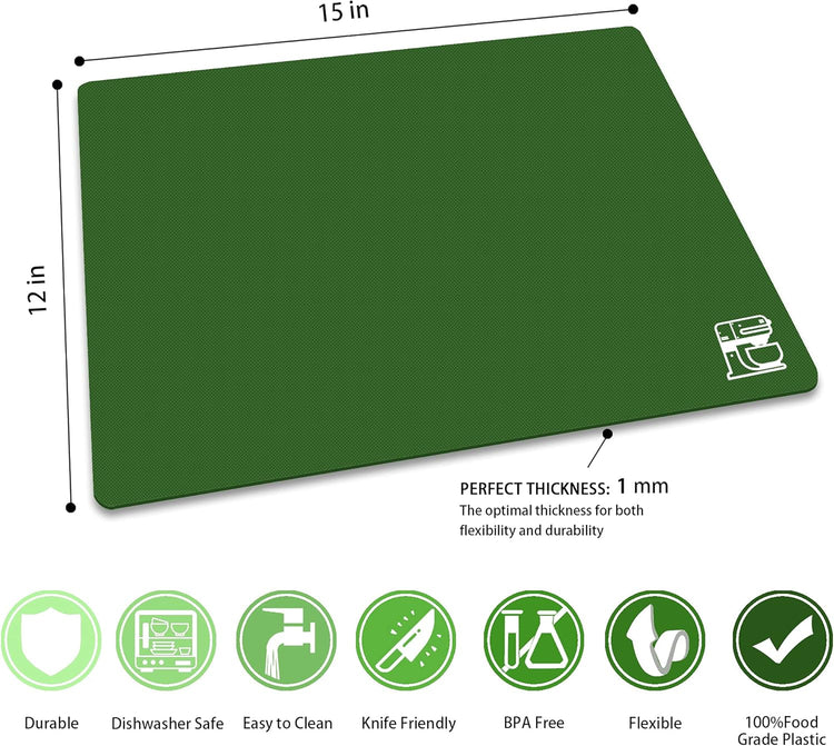 ZVP Flexible Plastic Cutting Board Set of 3 Gradient Color, Colorful Chopping Boards, BPA Free Mats, Non Slip, Dishwasher Safe, 15×12 Inch, Green Multi-Color