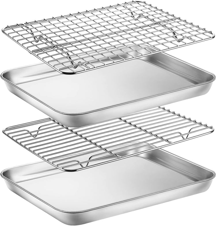 Baking Sheet with Rack Set, Yododo Set of 4 (2 Sheets + 2 Racks), Stainless Steel Cookie Sheet Baking Pan Tray with Cooling Rack, Non Toxic & Heavy Duty & Easy Clean - Size of 10 inch