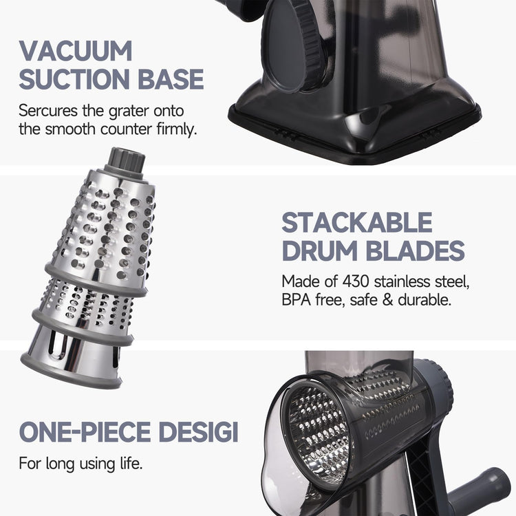 Rotary Cheese Grater with Handle Kitchen Shredder Slicer Grater Slicer Ice Shaver Cheese Vegetable Nuts Potato Zucchini Chocolate 3 Interchangeable Blades