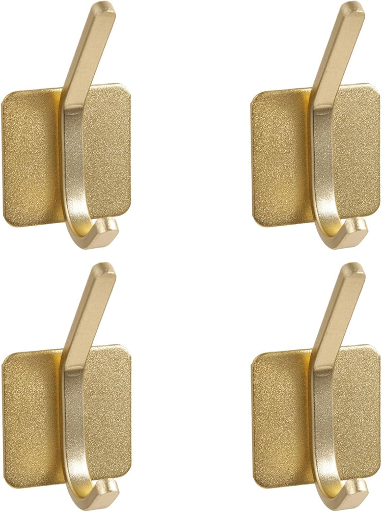 Aluminum Wall Hooks, No Drill Damage-Free Adhesive Hook, Product for Hanging Heavy Duty for Bathroom Kitchen Home (Double Square Gold Hook, 4)