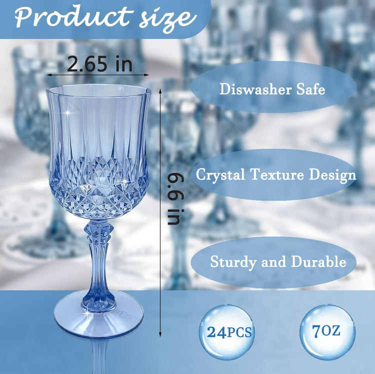 Plastic Wine Glasses,Plastic Goblets Vintage Style Cordial Drinking Glasses for Wedding Reception, Grand Event Party Supplies (24, Blue)