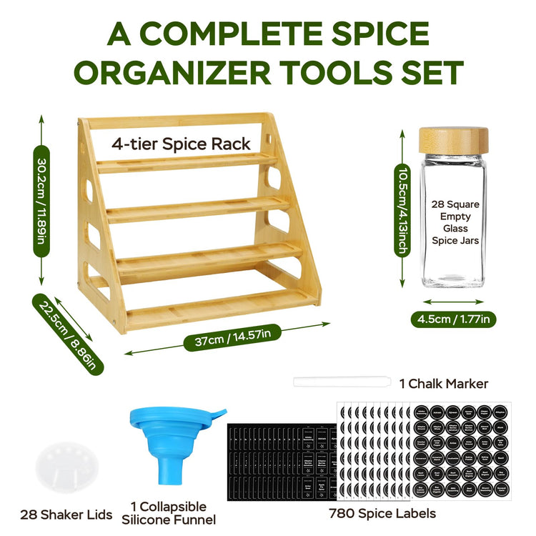 4Tier Bamboo Spice Rack Organizer with 28 Glass Spice Jars Empty 4 oz Jars