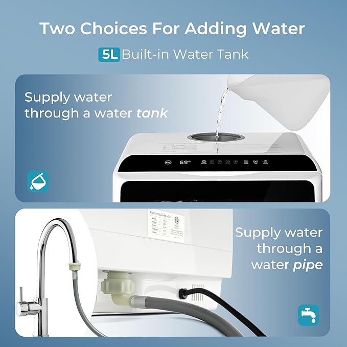 EUHOMY Countertop Dishwasher Portable with 6 Programs, 5L Built-in Water Tank for Apartments & RV, 167โ High-Temp, No Hookup Needed, Mini Dishwasher with Baby Care, Air Dry/Quick/ECO/Fruit/Normal Mode