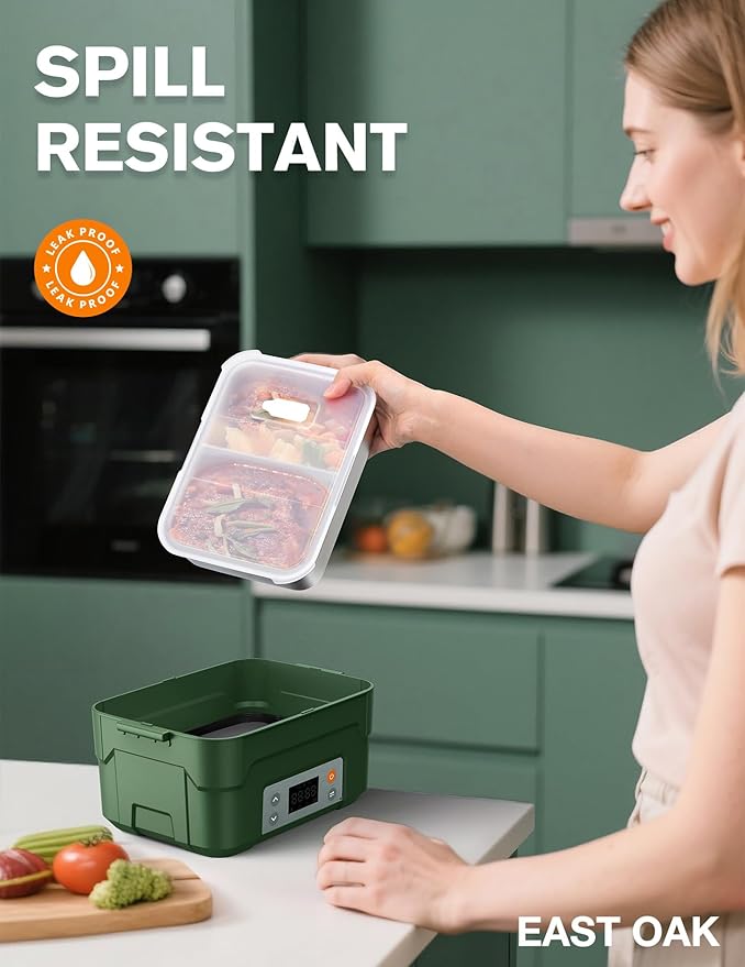 EAST OAK XL 6.3-Cup Cordless Electric Lunch Box for Adults, Heated Lunch Box for Men with Scheduled Heating, Portable Car Food Warmer with Utensils, Two-Tier Bag, Removable Divider