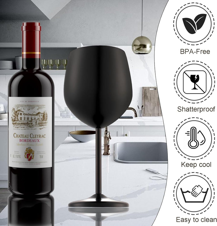 Stainless Steel Wine Glasses Set of 4 Unbreakable Wine Glass 18 oz Unique Metal Wine Goblets for Outdoor, Travel, Camping, Pool, Ideal Gift for Wine Lovers (Matte-Black)