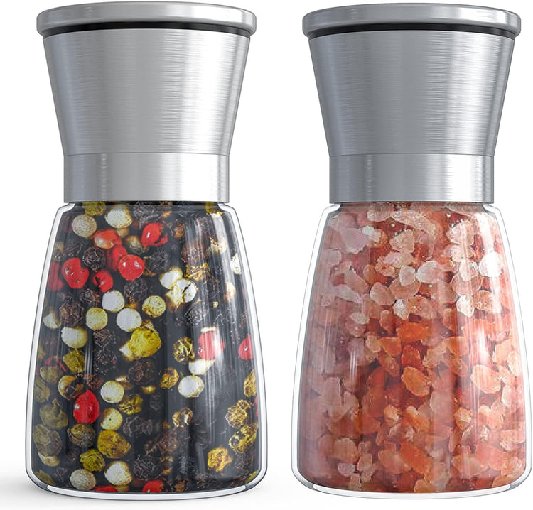 Salt and Pepper Grinder Set - Refillable Grinder Adjustable Coarseness of Pepper Salt Spice Stainless Steel Mills Glass 6oz(2 Pack)