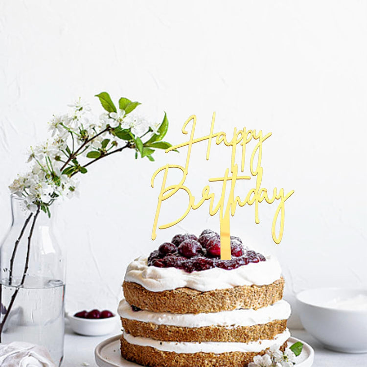 Happy Birthday Cake Topper, Gold Mirror Acrylic Happy Birthday Cake Sign Decorations