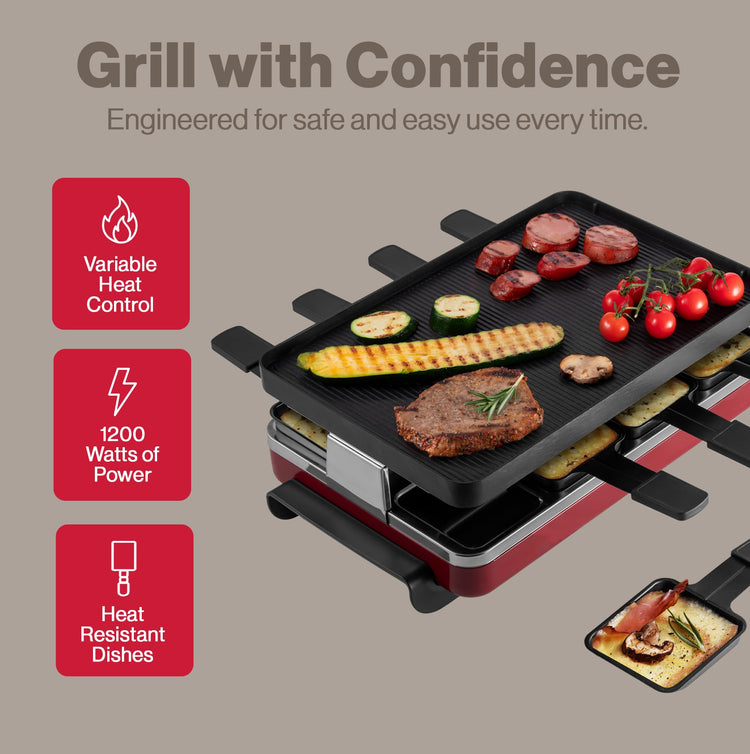 Classic 8 Person Raclette Party Grill with Reversible Cast Aluminum Non