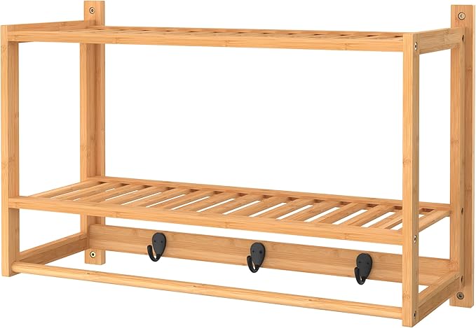 ClosetMaid Bamboo Wall Shelf with Towel Bar, 3 Hooks, Wall Mount Storage Shelves, 2 Tier, Organizer Rack, Natural Finish