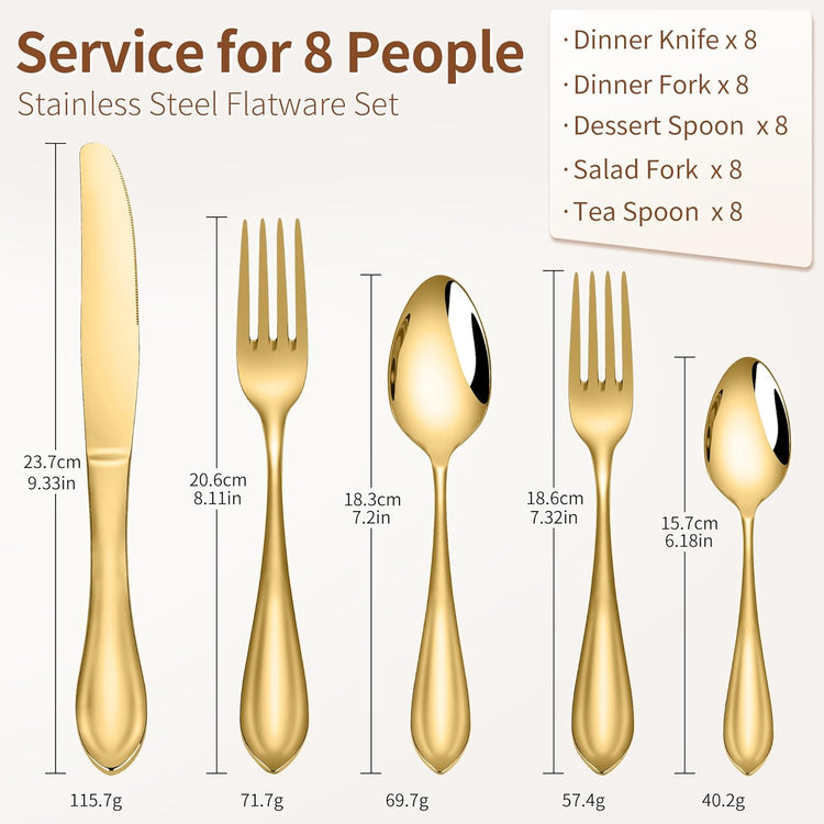 Gold Silverware Set for 8, 40-Pieces Heavy Duty Silverware, 18/10 Stainless Steel Flatware, Dishwasher Safe, Ideal for Gift
