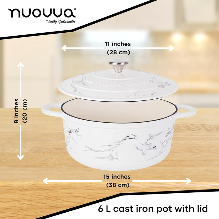 Cast Iron Dutch Oven with Lid – Non-Stick Ovenproof Enamelled Casserole Pot – Sturdy Dutch Oven Cookware – Marble, 6.4-Quart, 28cm – by Nuovva - Nestoria