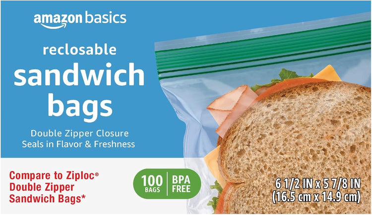 Amazon Basics Reclosable Sandwich Double Zipper Storage Bags, 100 Count, Pack of 1