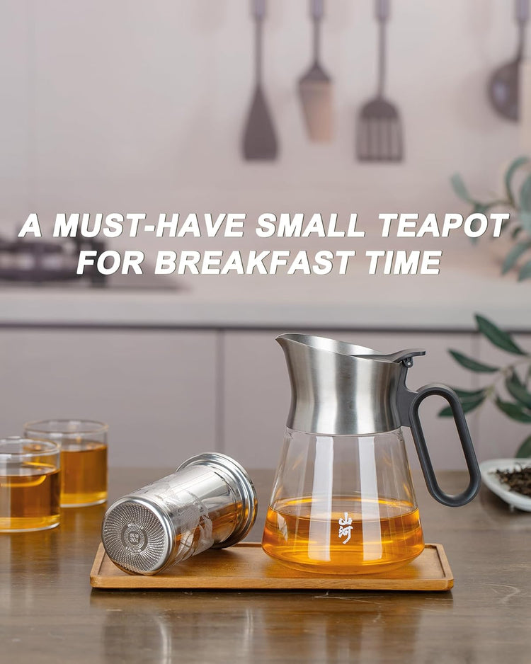 ZENS Design Glass Teapot with Infuser, 23 oz Small Loose Leaf Tea Steeper Pot with Stainless Steel Spout for Hot Tea Steeper, Oval Handle Clear Tea Pot with infusers for Loose Tea Lovers Gifts