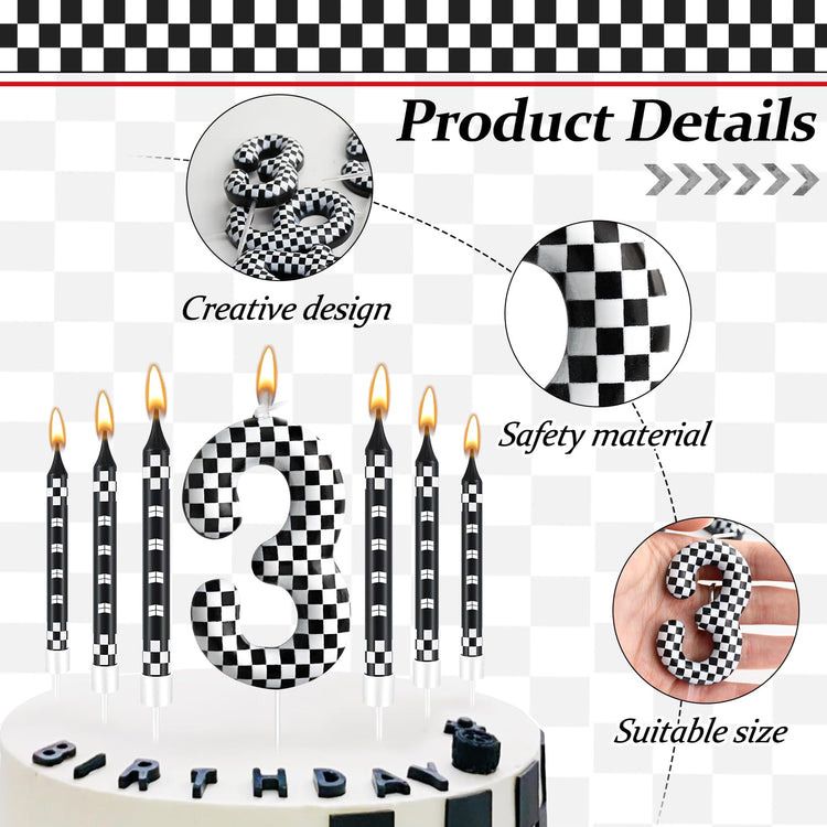 13 Pcs Racing Cars Themed Birthday Candles Black and White Race Number 3 Checkered Candle Cake Topper for Racing Car Party Decoration Supplies (13 Count)