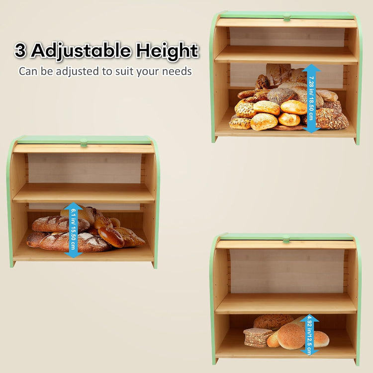 Bread Box for Kitchen Countertop, Double Layer Bamboo Bread Storage Container for Homemade Bread, Roll Top Bread Box with 3 Adjustable Height for Kitchen Counter, Cyan Breadbox Organizer
