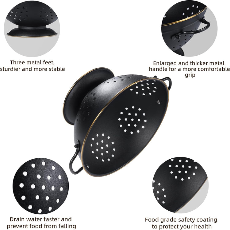 Metal Colander Set of 2, Strainer Basket with Handles perfect for Spaghetti, Pasta, Berry, Vegetable, Fruit, Solid Base Powder Coated Self-draining Kitchen Colander Bowel, 3.5 & 5 Qt, Matte Black