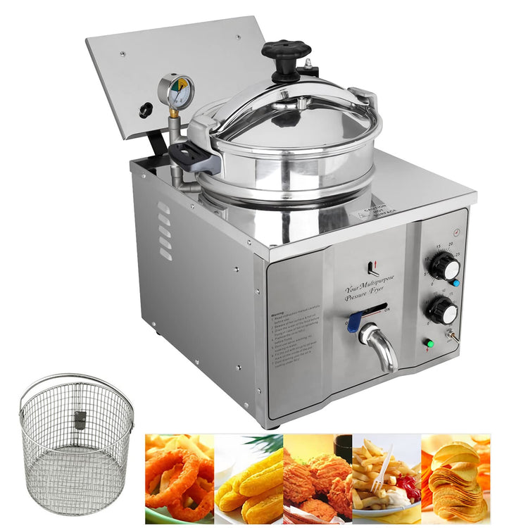 16L Commercial Electric Pressure Fryer Stainless Steel Countertop Pressure Fryer Electric Fried Chicken Stove Professional Tabletop Restaurant Kitchen Frying Machine 110V 2.4KW