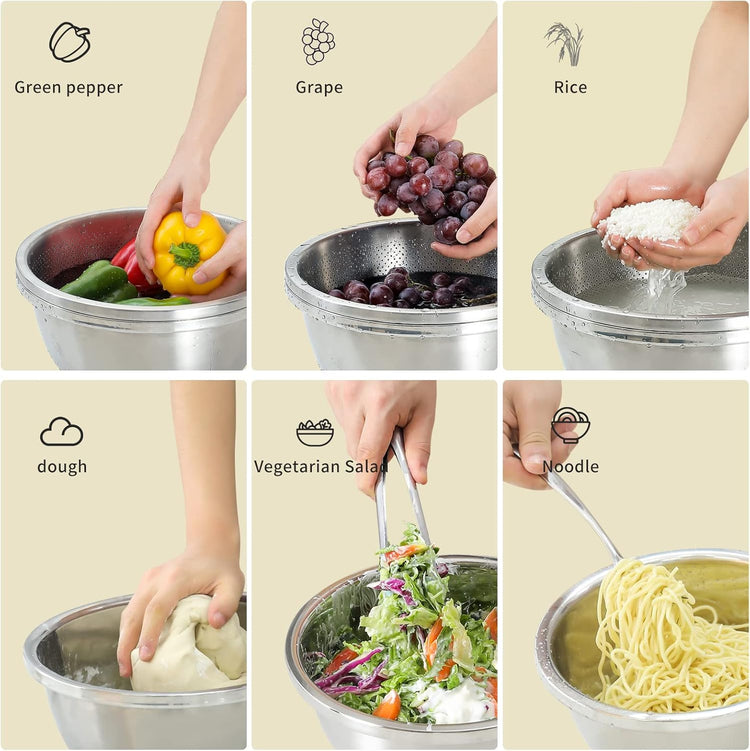 304 Stainless Steel Microporous Colander, 2.5QT Large Capacity with Mixing Bowl For washing vegetables, fruit and rice and for draining cooked pasta(2PC)