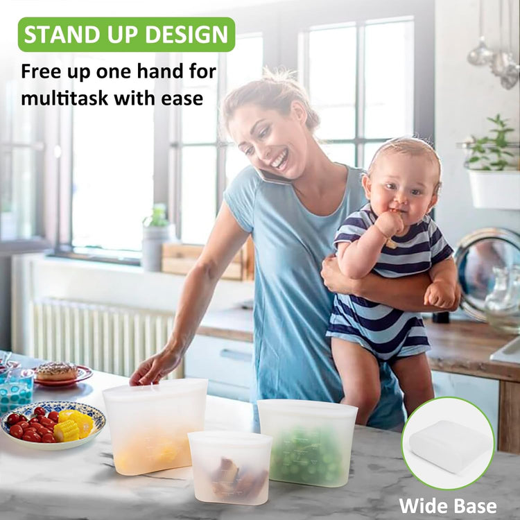 Reusable Storage Bag, 8 Pack 100% Silicone Food Storage Bags Stand Up Silicone Zip Lock Bags for Food Container, Freezer Microwave Oven Dishwasher Safe, 4 Medium 2 Small 2 Extra Small, Translucent