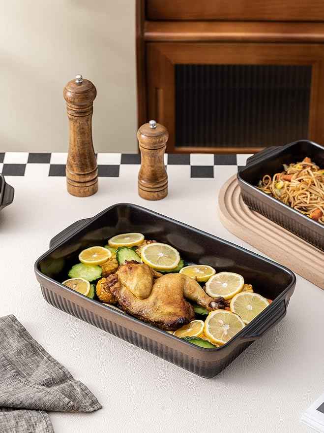 Kanwone Ceramic Baking Dishes, Rectangular Lasagna Pans, Casserole Dishes, Bakeware Set for Cooking, Kitchen, Cake Dinner, 9 x 13 Inches, Stripe Series - Reactive Glazed (Matte Black)