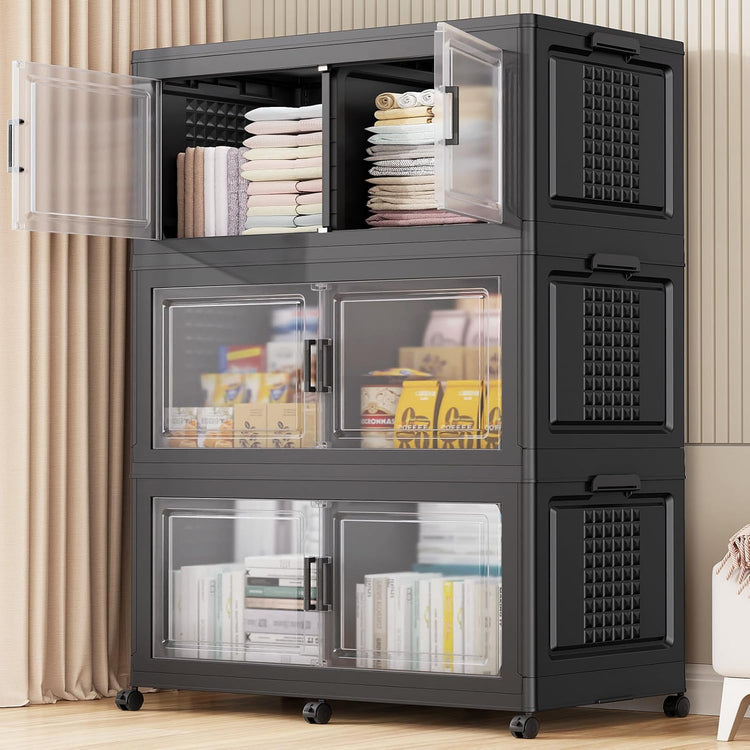 52.7"H 150Gal Plastic Storage Bins with Lid & Wheels,3Pack Extra Large Stackable Storage Bins with Dividers,Closet Organizers and Storage Cabinet Shelves Collapsible Box for Home Kitchen,Black