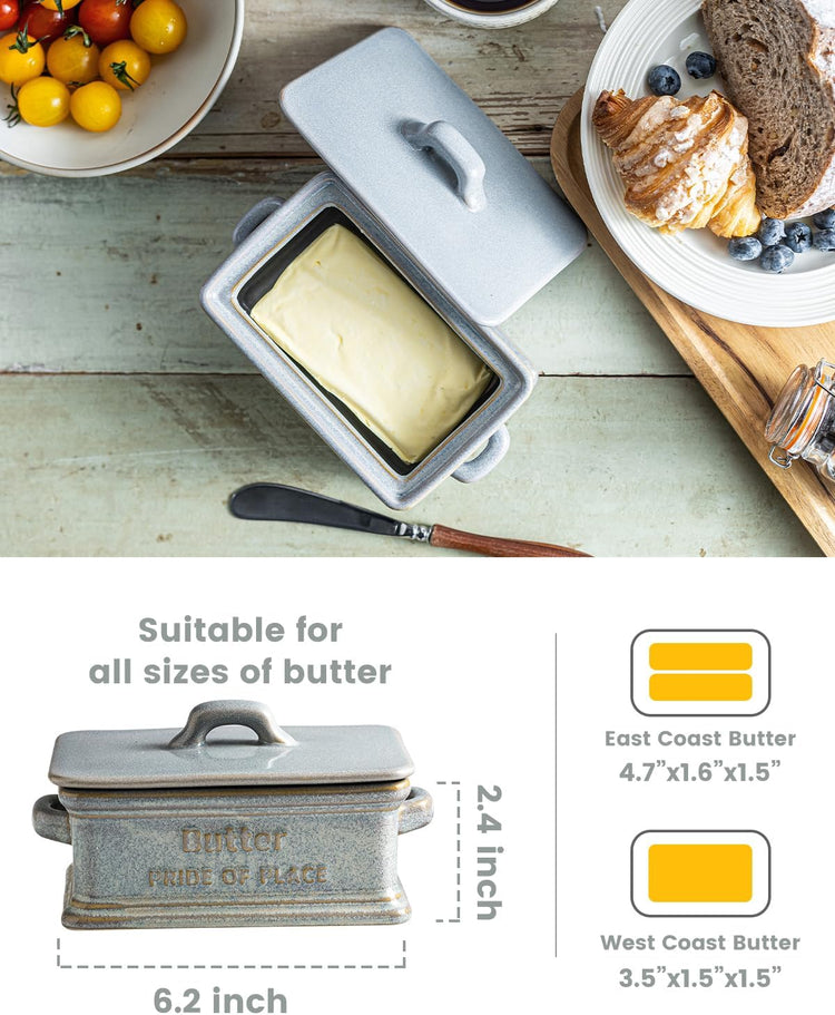 Butter Dish with Lid, Ceramic Butter Holder Container Large Butter Dish for Countertop Farmhouse Decor Butter Keeper for East West Coast Butter, Gray