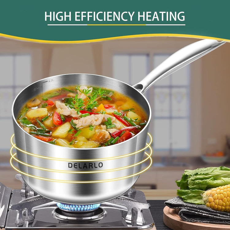 DELARLO Whole Body Tri-Ply Stainless Steel 3 Quart Saucepan with Lid, Oven Safe 600℉, Heavy Duty Saucier Pan 3 Quart, Fast and Even Heat, Kitchen and Dining Sauce Pot, Induction Pot(Lids 300℉)