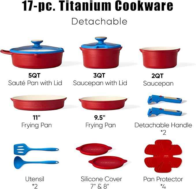 CAROTE 17Pcs Titanium Cookware Set, Pots and Pans Set Non Stick, Kitchen Cooking Set with Detachable Handle, Non Toxic Induction Cookware, Dishwasher/Oven Safe,Memphis Design