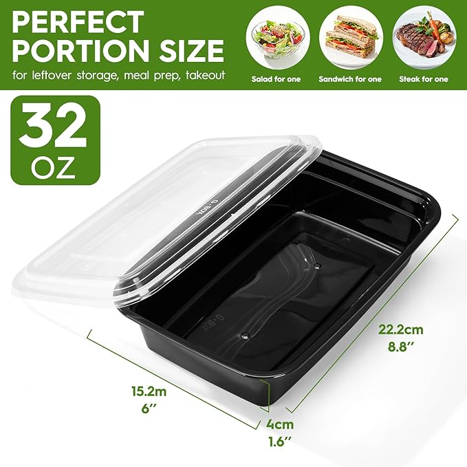 Glotoch 50 Pack (100-Piece) 32 oz 1 Compartment Meal Prep Containers with Lids, Plastic Food Storage Containers for Lunch, Microwave, Freezer, and Dishwasher Safe Take out Containers