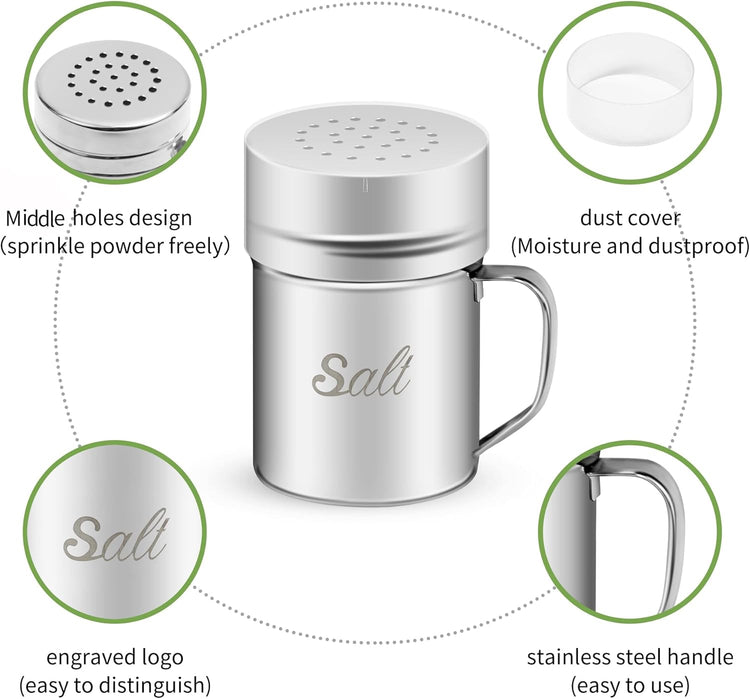 Stainless Steel Salt and Pepper Shakers Set, 6 OZ Seasoning Spice Shaker with Lid and Handle Medium Holes, Metal Dredge Shaker for Powder Sugar Cooking Kitchen Baking (2 Pieces)