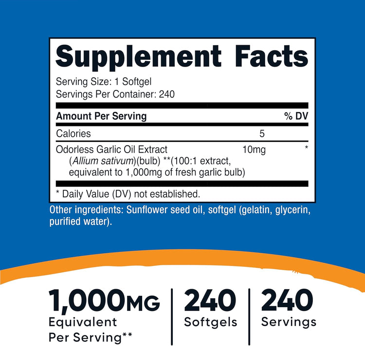 Nutricost Garlic 1000mg, 240 Softgels - Odorless, Premium Gluten Free Supplement