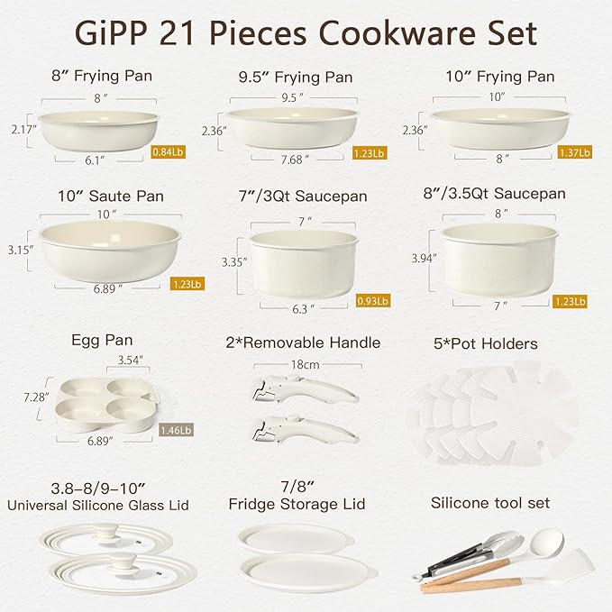 GiPP Ceramic Pots and Pans Set Non Stick, Nonstick Detachable Handle Cookware Sets, Healthy Non Toxic PFAS PFOA & PTFE Free, Dishwasher &Oven Safe, Induction Kitchen Pot and Pan, 21 Piece Cream